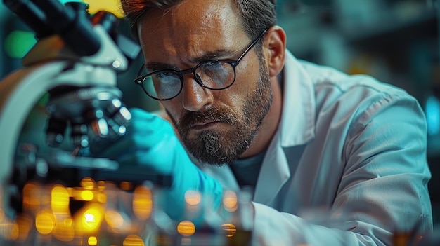 Un chercheur examinant un échantillon de tissu au microscope avec du matériel de laboratoire et des instruments scientifiques