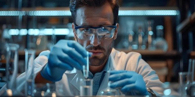 Un chercheur masculin dans un laboratoire examine une solution claire dans un tube d'essai Concept de recherche scientifique Laboratoire de chimie Tube d'essais