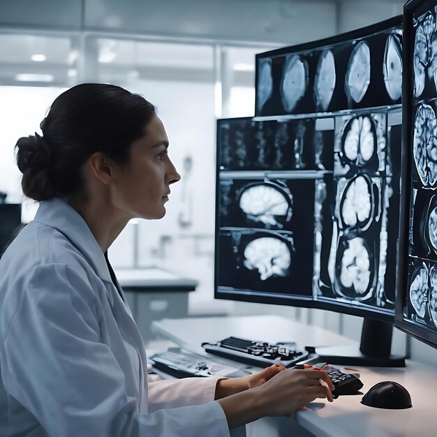 Un chercheur regardant un moniteur analysant un scanner cérébral pendant qu'un collègue discute avec un patient en arrière-plan