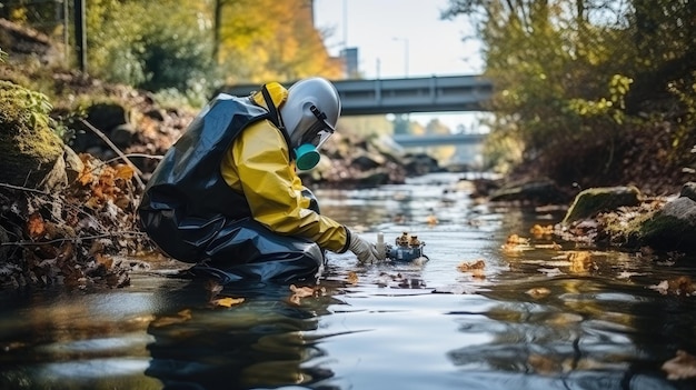 Photo chercheur scientifique en combinaison de protection prend de l'eau pour l'analyse d'une rivière polluée