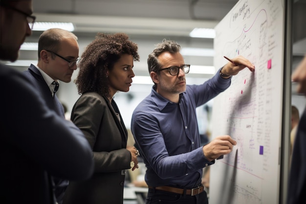 des chercheurs absorbés par un tableau blanc des notes et des diagrammes à gogo plongés dans la discussion