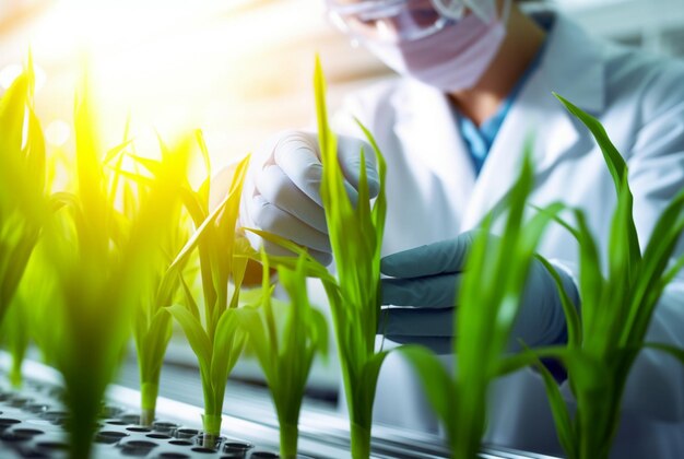 Photo chercheurs dans un laboratoire avec des plantes poussant dans différents conteneurs dans le style d'une lentille à mise au point douce