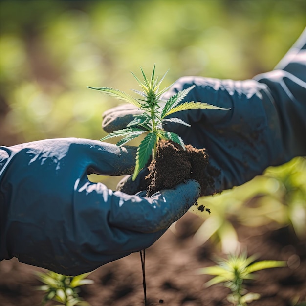 Les chercheurs utilisent la main pour tenir ou examiner les plants de cannabis dans la serre à des fins de recherche médicale