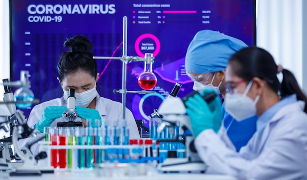 Les chercheuses du groupe d'équipe se sont concentrées sur le travail avec des équipements de microscope et de laboratoire dans une salle de laboratoire parmi des tubes à essai et des béchers. Concept pour le dur devoir des scientifiques dans l'épidémie de Covid-19.