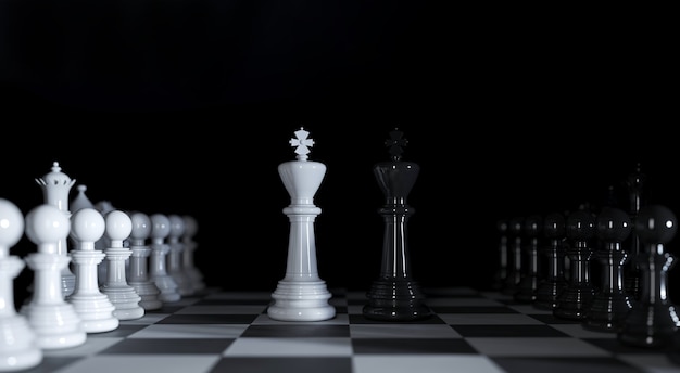 Chess Kings se tient parmi diverses pièces d'échecs en illustration 3d