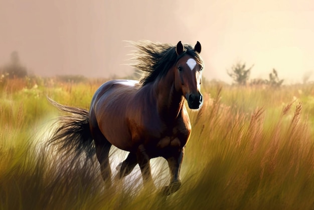 le cheval alezan court au galop sur un champ de printemps et d'été