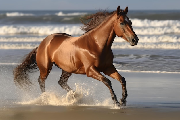 Cheval alezan dans l'étalon de course sauvage au bord de la mer Beau cheval Illustration IA générative abstraite