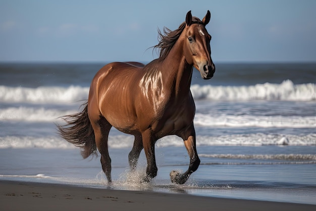 Cheval alezan dans l'étalon de course sauvage au bord de la mer Beau cheval Illustration IA générative abstraite