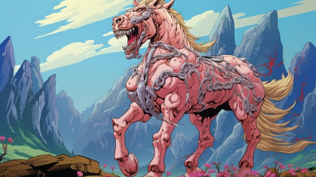 Un cheval d'animation monstrueusement puissant avec des pointes d'os Un dessin animé plein d'action