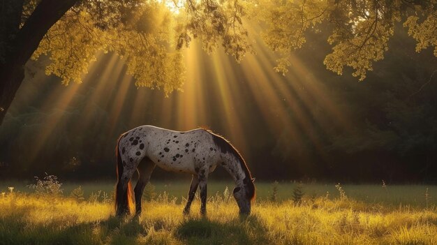 Un cheval Appaloosa tacheté paît sous une canopée de soleil tacheté