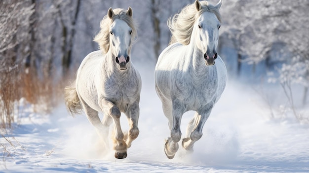 Photo le cheval arabe blanc en hiver