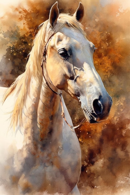 Un cheval arabe représenté dans une aquarelle imprimée en couleur