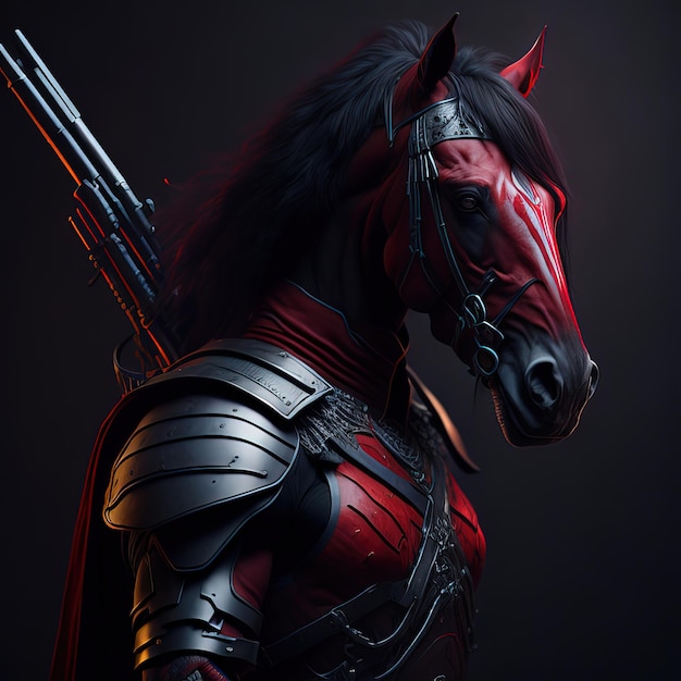 Un cheval avec un arc sur la tête et un casque rouge avec une bande noire dessus.