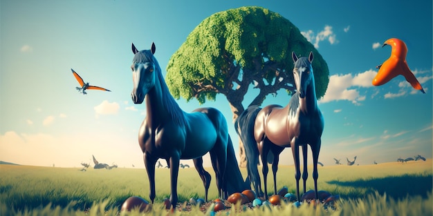 Cheval avec d'autres animaux mangeant de l'herbe dans une terre verte Generative Ai