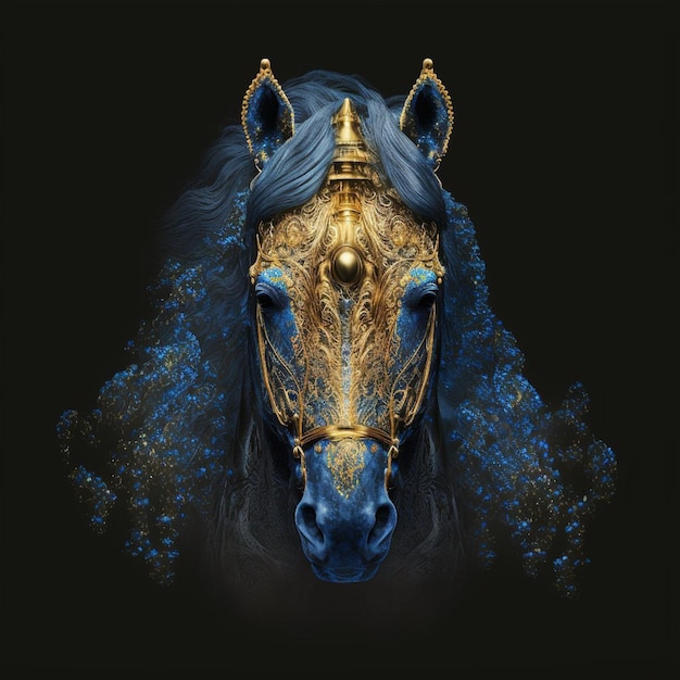 Un cheval aux cheveux dorés et à la coiffe bleue est représenté sur fond noir.