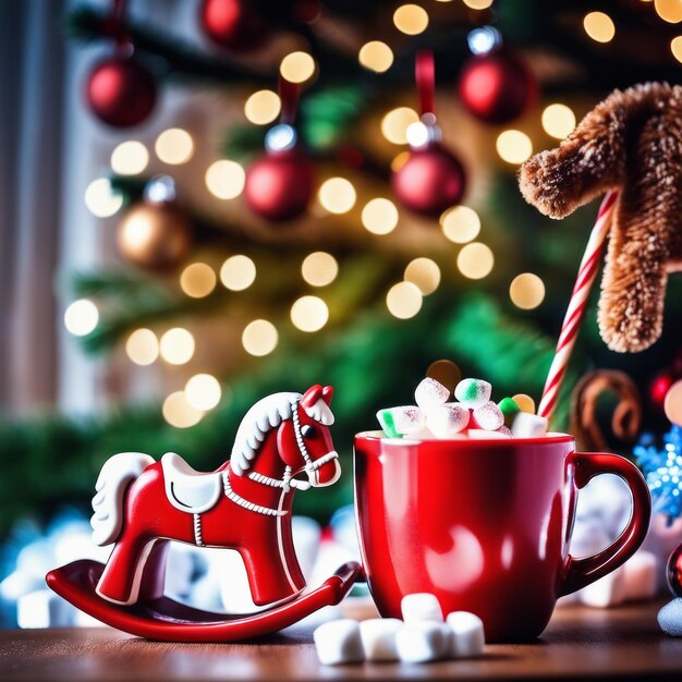 Un cheval à bascule et une tasse rouge avec du chocolat chaud et du marshmallow et des bonbons avec un arbre de Noël