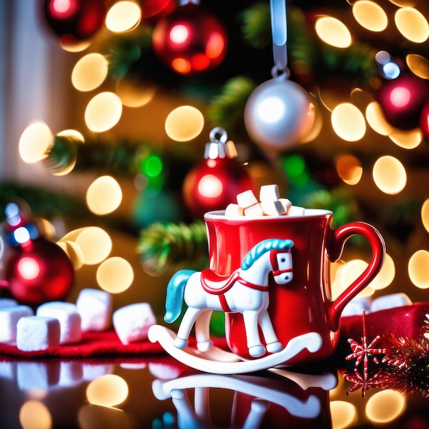 Un cheval à bascule et une tasse rouge avec du chocolat chaud et du marshmallow et des bonbons avec un arbre de Noël