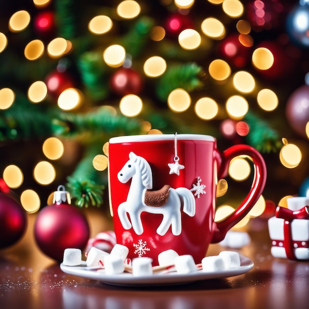 Un cheval à bascule et une tasse rouge avec du chocolat chaud et du marshmallow et des bonbons avec un arbre de Noël