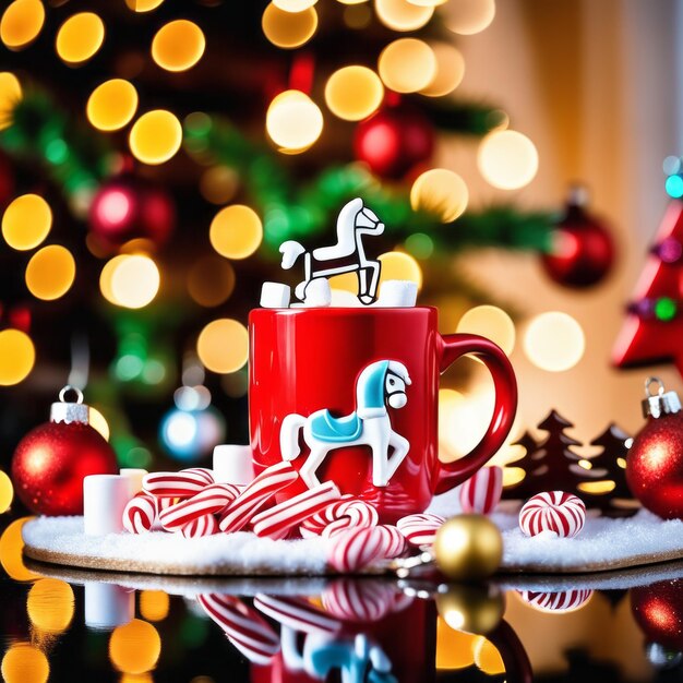 Un cheval à bascule et une tasse rouge avec du chocolat chaud et du marshmallow et des bonbons avec un arbre de Noël