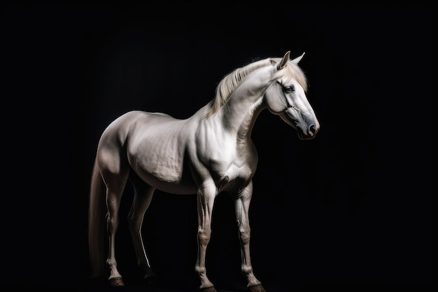 Cheval blanc argenté debout et élevé sur un fond noir de studio