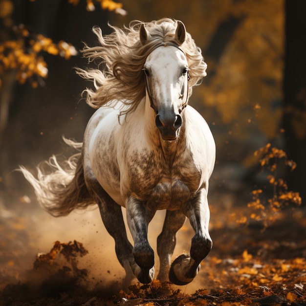 un cheval blanc courant dans la forêt dans le style du symbolisme mystique argent et ambre