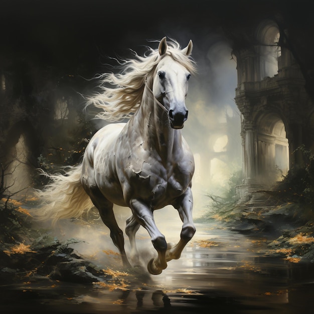 un cheval blanc courant dans la forêt dans le style du symbolisme mystique argent et ambre
