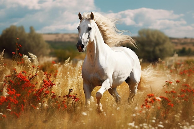 un cheval blanc court à travers un champ de fleurs et d'herbe.