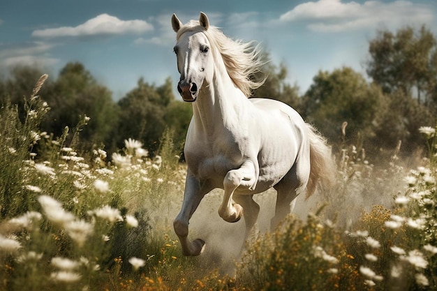 un cheval blanc court à travers un champ de fleurs.