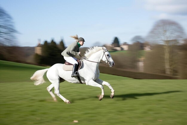 un cheval blanc avec une crinière blanche et le numéro 7 sur son dos court sur l'herbe