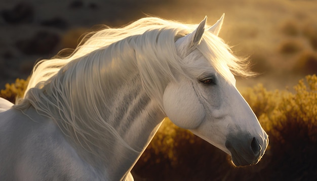 Un cheval blanc avec une crinière blanche se dresse dans un champ.