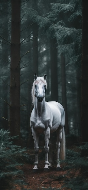 Cheval blanc debout forêt sombre image générée par IA Image générée par IA de haute qualité
