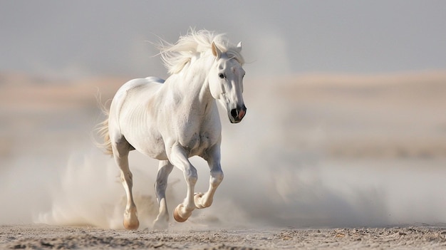 Un cheval blanc galopant librement dans le désert par une journée ensoleillée.