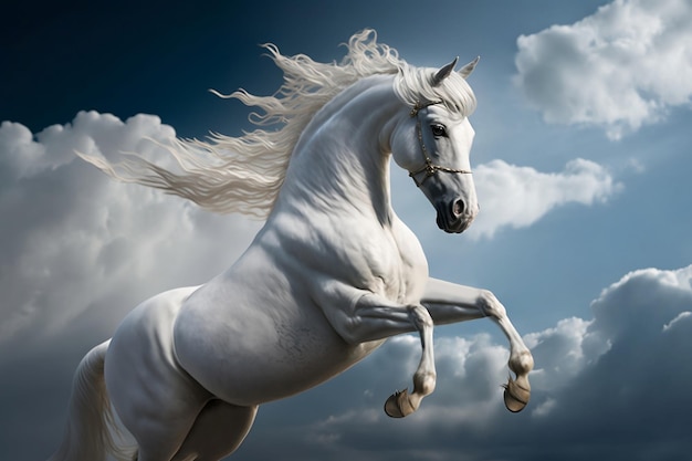 Le cheval blanc galope dans le ciel avec le fond de nuages