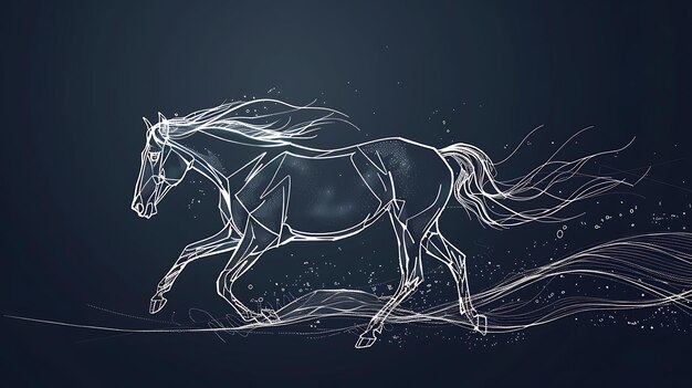 Photo un cheval blanc gracieux court sur un fond sombre. le cheval est fait de lignes lumineuses et a une crinière et une queue qui coulent.
