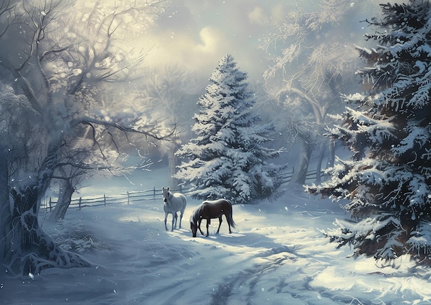 Le cheval blanc, l'hiver, la neige, le naturalisme, la beauté.