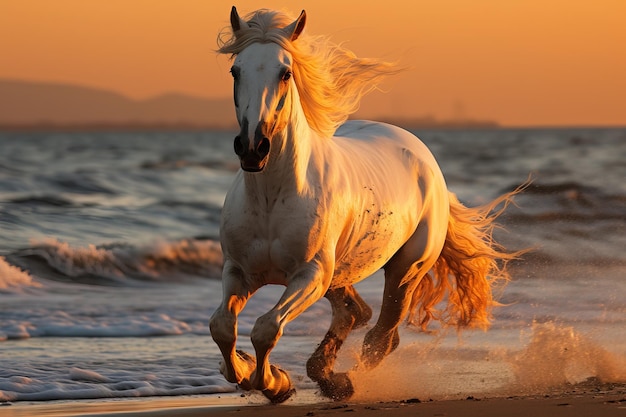 Cheval blanc ou jument courant sur la plage au coucher du soleil