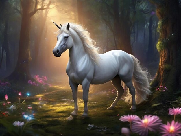 Un cheval blanc avec une longue crinière debout dans une forêt ai image