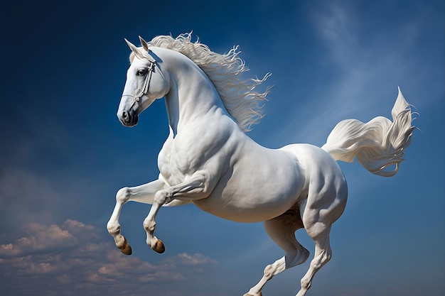 Le cheval blanc avec une longue crinière galope dans le ciel