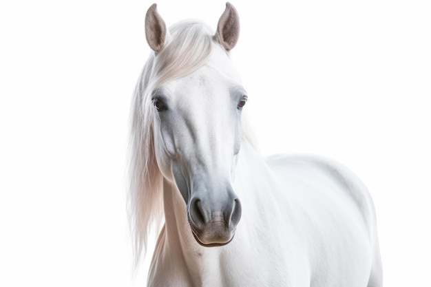 Cheval blanc majestueux de beauté blanche sur un fond blanc pur