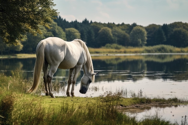 Un cheval blanc paît près d'un lac tranquille dans un cadre naturel.
