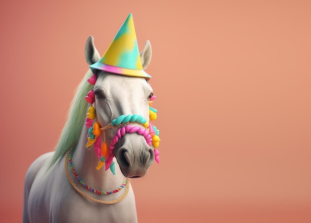 Un cheval blanc portant un chapeau de fête avec le mot "joyeux anniversaire" dessus.