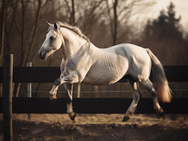 Un cheval blanc saute par-dessus une clôture