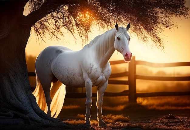 Cheval blanc se dresse dans un enclos au coucher du soleil généré par l'IA