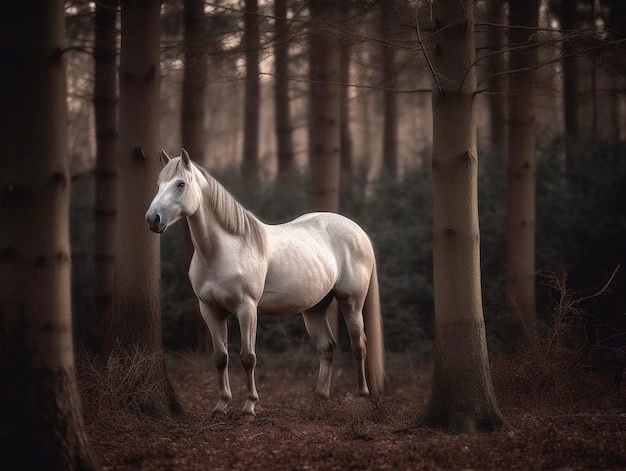 Un cheval blanc se dresse dans une forêt avec le soleil qui brille sur sa tête.