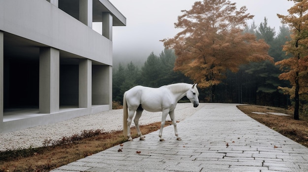 Un cheval blanc se tient devant une maison avec un fond brumeux.