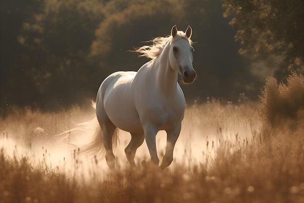 Un cheval blanc traverse un champ d'herbe avec le soleil qui brille dessus.