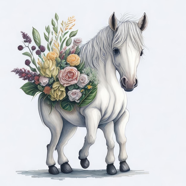 Un cheval avec un bouquet de fleurs dessus