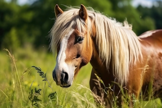 Cheval brun aux cheveux blonds mange de l'herbe sur un pré vert détail de la tête