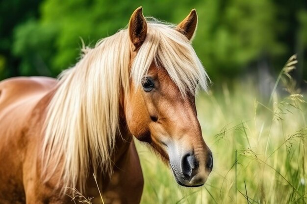 Photo un cheval brun aux cheveux blonds mange de l'herbe sur un pré vert. détails de la tête