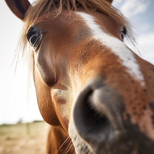 un cheval brun avec une bande blanche sur le nez